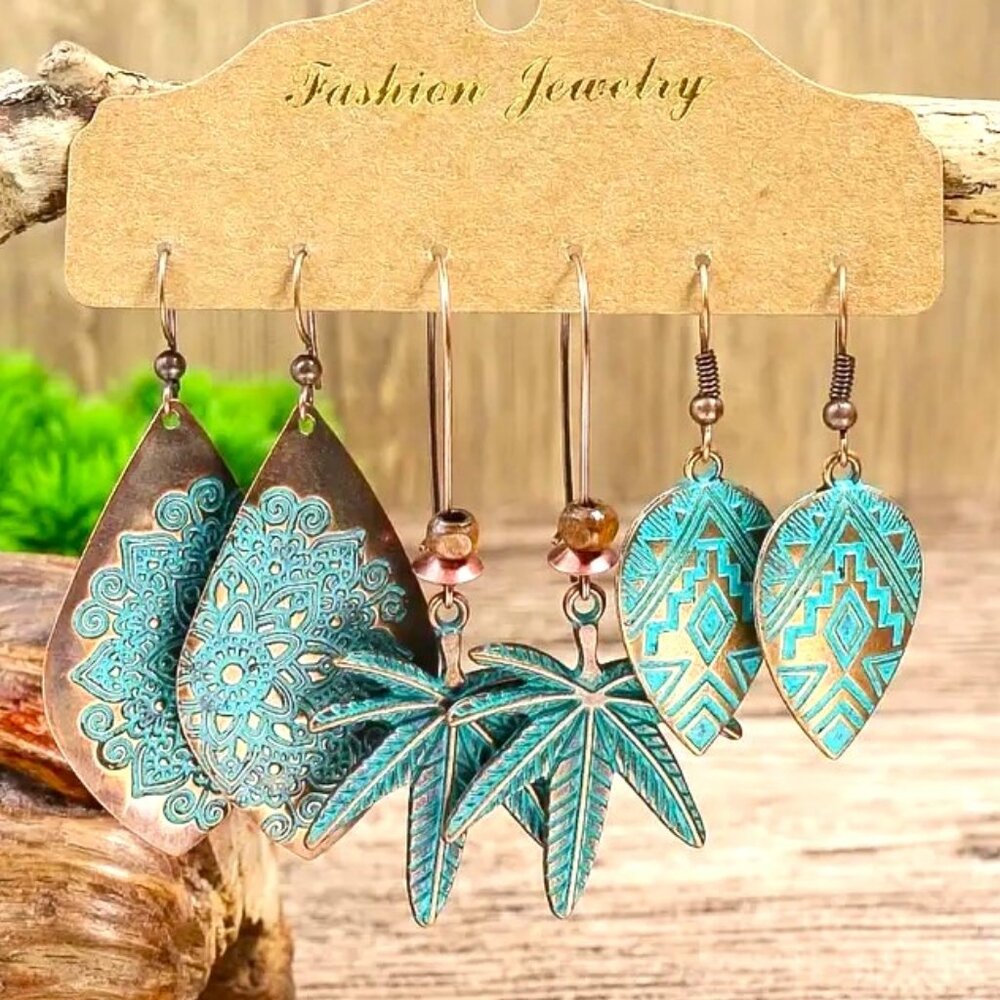 Earrings Bronzed Dangle 3pr Gypsy Boho Native Southwest Canabis Leaf Stylish NEW